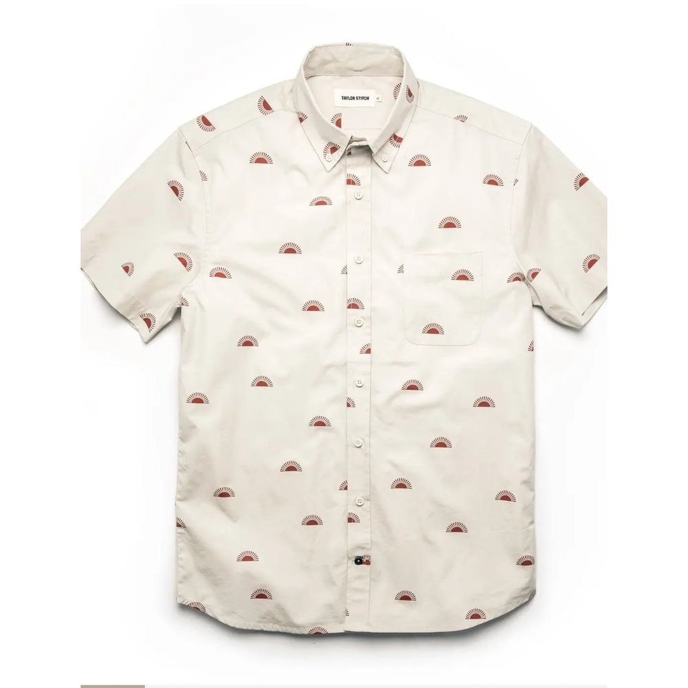 Taylor Stitch Mens Jack Short Sleeve Button Down Shirt Cream Red Sun Print 42 L